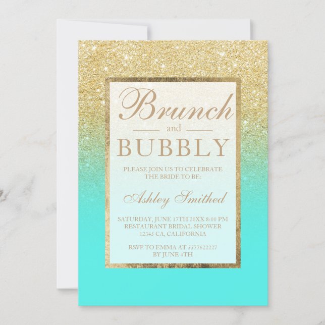 Faux gold glitter aqua brunch bubbly bridal shower invitation (Front)