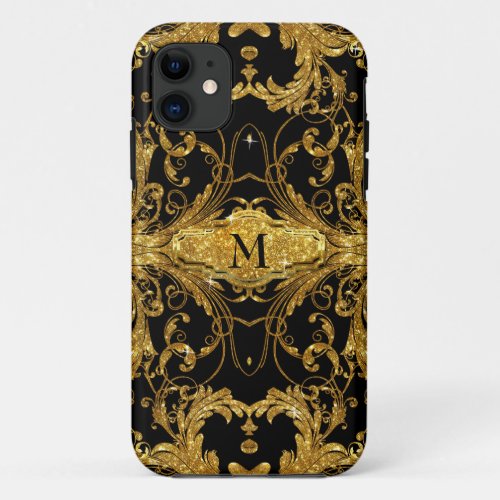 Faux Gold Glitter Art Nouveau Scroll Black Damask iPhone 11 Case