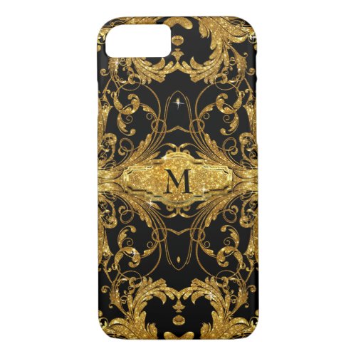 Faux Gold Glitter Art Nouveau Scroll Black Damask iPhone 87 Case