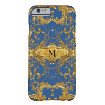 Faux Gold Glitter Art Nouveau Scroll Blue Damask Barely There Iphone 6 Case by VintageWeddings at Zazzle