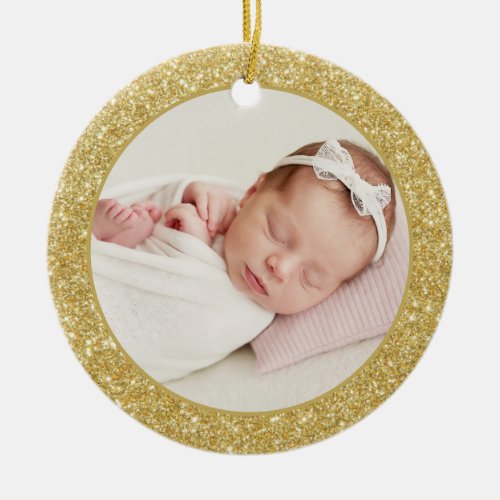 Faux Gold Glitter Babys First Christmas Photo Ceramic Ornament