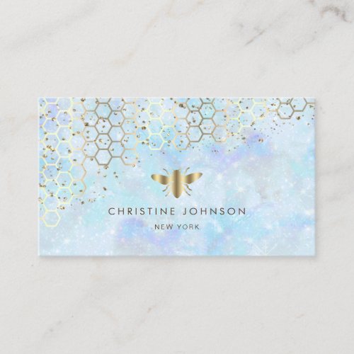 faux gold glitter bee on blue background business card