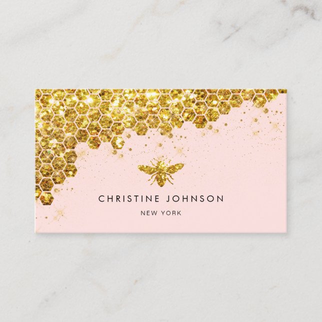 faux gold glitter bee on pink background business card (Front)