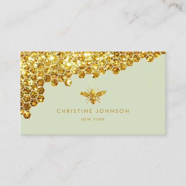 faux gold glitter bee on sage green background business card (Front)