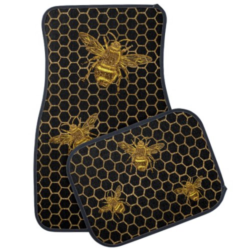 Faux Gold Glitter Bees Gold Hexagon Beehive Car Floor Mat