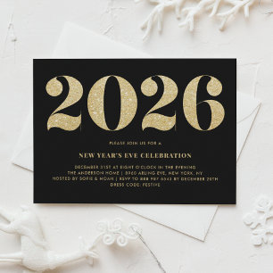Faux Gold Glitter Black 2026 New Year's Eve Party Invitation