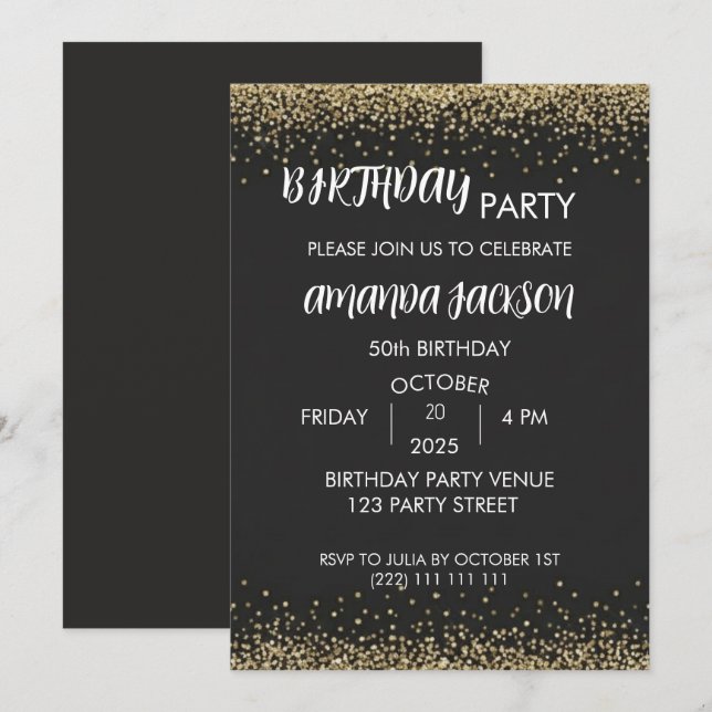 Faux Gold Glitter Black 50th Birthday Invite (Front/Back)