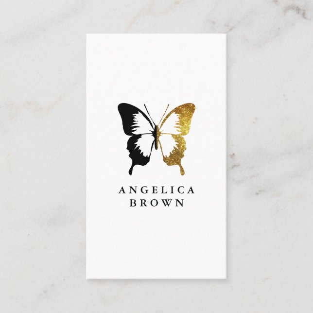 Faux Gold Glitter & Black Butterfly Business Card (Front)