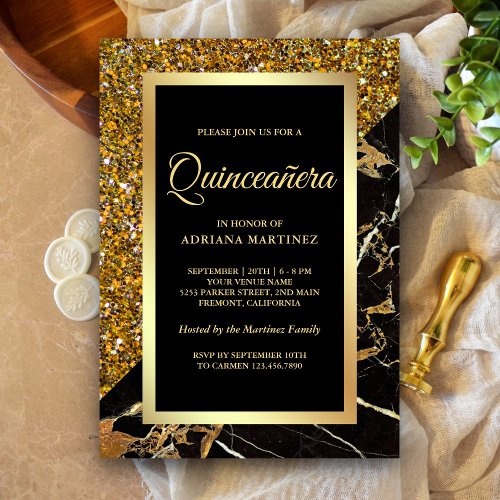 Faux Gold Glitter Black Gold Marble Quinceanera Invitation