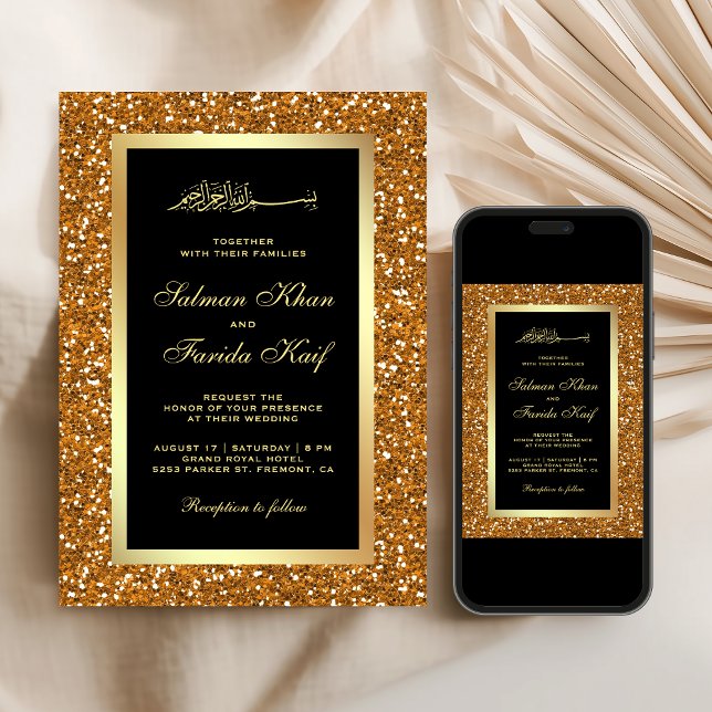 Faux Gold Glitter Black Islamic Muslim Wedding Invitation (Creator Uploaded)