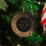 Faux Gold Glitter & Black Newlywed Christmas Photo Ceramic Ornament<br><div class="desc">Our first Christmas as Mr and Mrs,  newlywed milestone photo ornament. A minimalist typography and a striking gold glitter design,  perfect for an elegant and modern Christmas ornament.</div>