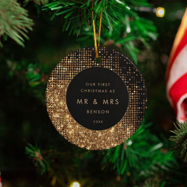 Faux Gold Glitter & Black Newlywed Christmas Photo Ceramic Ornament (Creator Uploaded)