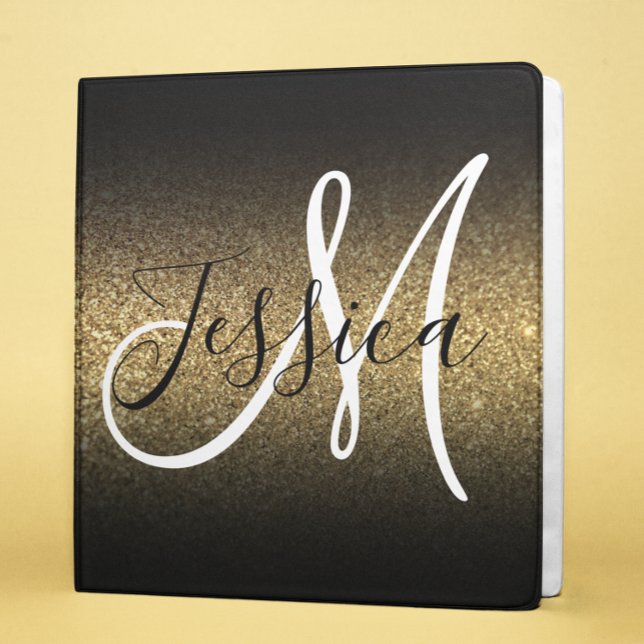 Faux Gold Glitter Black Ombre Monogram 3 Ring Binder (Creator Uploaded)