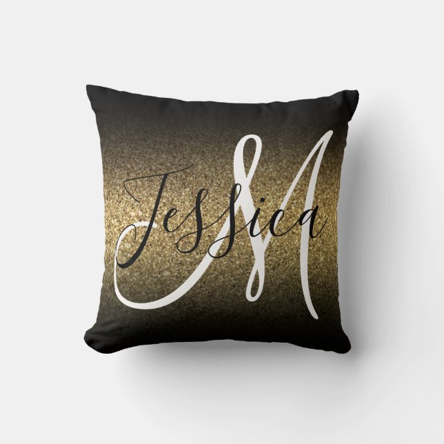 Faux Gold Glitter Black Ombre Monogram Throw Pillow (Front)