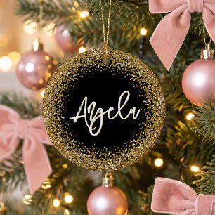 Faux Gold Glitter Black Photo Ceramic Ornament