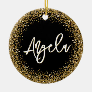 Faux Gold Glitter Black Photo Ceramic Ornament