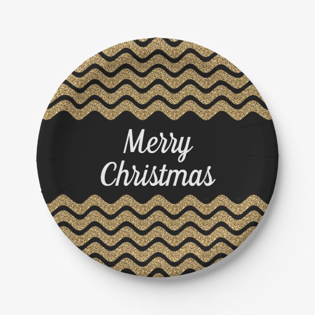 Faux Gold Glitter Black Stripes Christmas Paper Plates (Front)