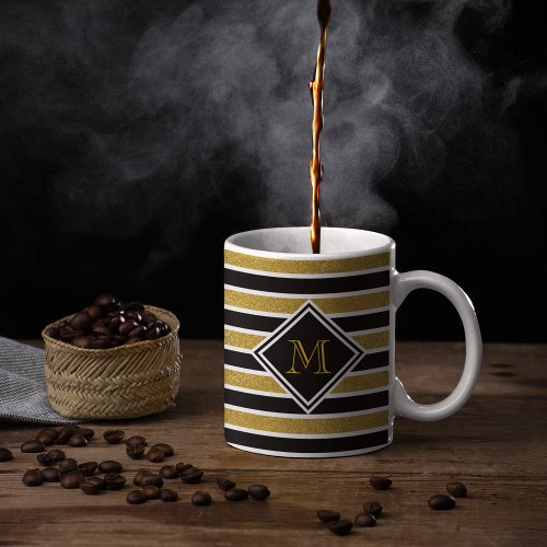 Faux Gold Glitter Black  White Stripes  Monogram Coffee Mug
