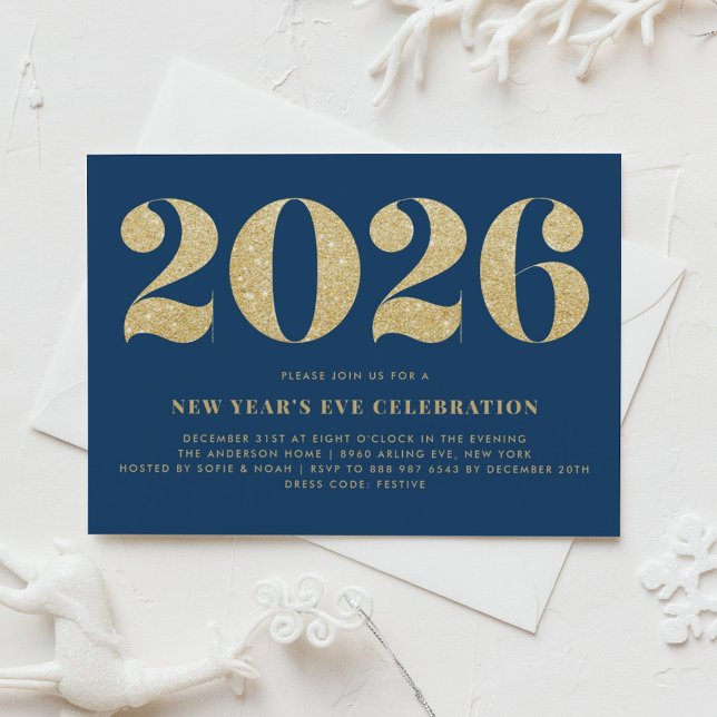 Faux Gold Glitter Blue 2026 New Year's Eve Party Invitation (Customizable 2026 New Year's Eve party invitation featuring faux gold glitter on blue background.)