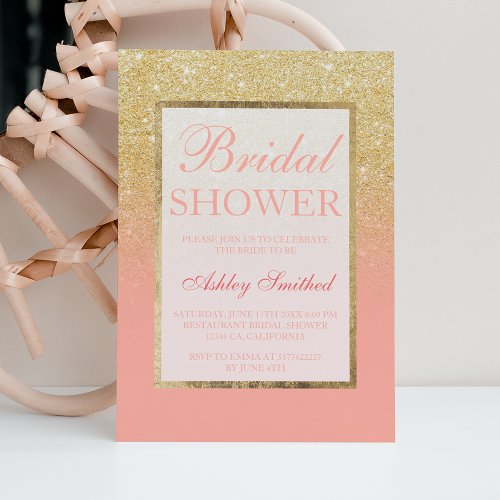 Faux gold glitter blush coral chic Bridal shower Invitation