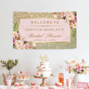 Faux Gold Glitter Blush Pink Floral Bridal Shower Banner