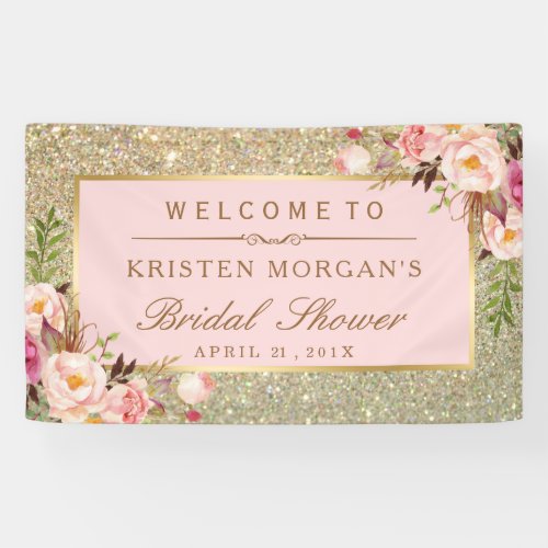 Faux Gold Glitter Blush Pink Floral Bridal Shower Banner