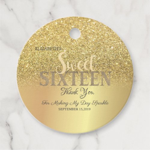 Faux Gold Glitter Bokeh Sweet 16 Favor Tags