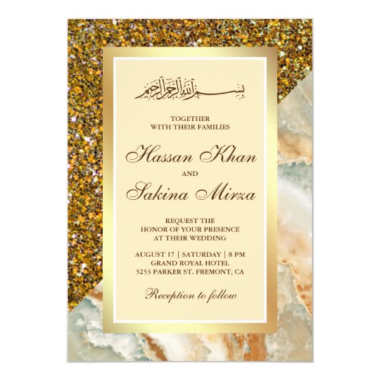 Faux Gold Glitter Brown Marble Muslim Wedding Invitation | Zazzle.com