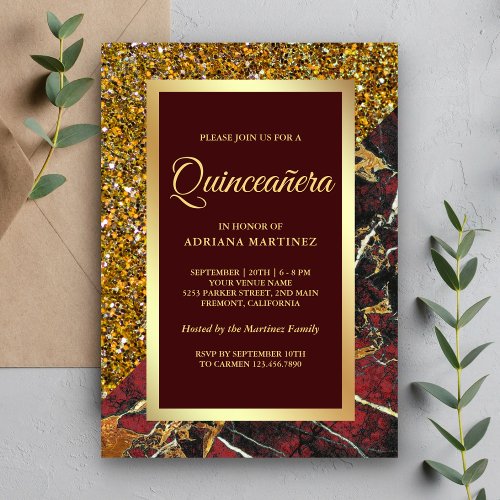 Faux Gold Glitter Burgundy Red Marble Quinceanera Invitation