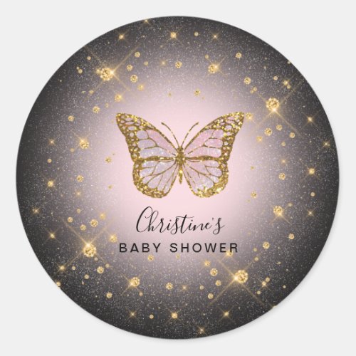 faux gold glitter butterfly classic round sticker