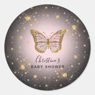 faux gold glitter butterfly classic round sticker
