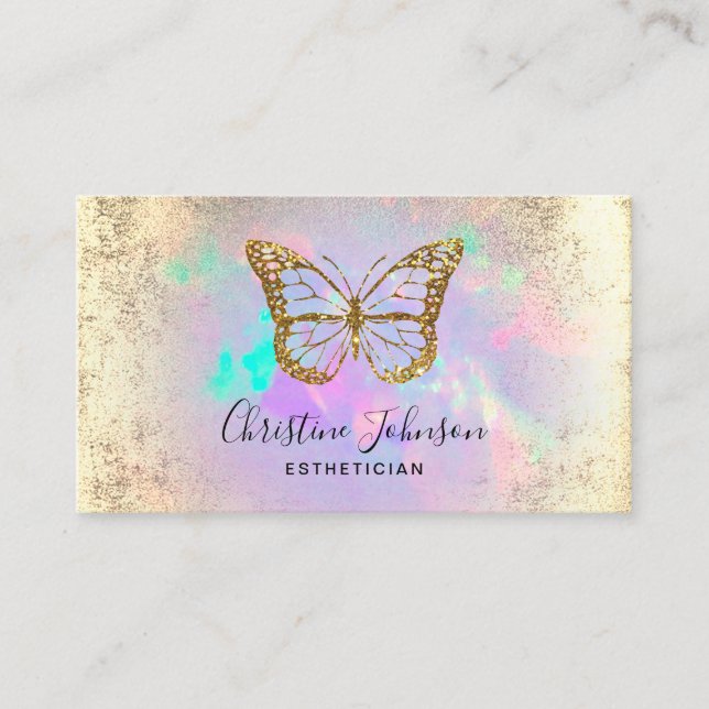 faux gold glitter butterfly on opal gemstone business card (Front)