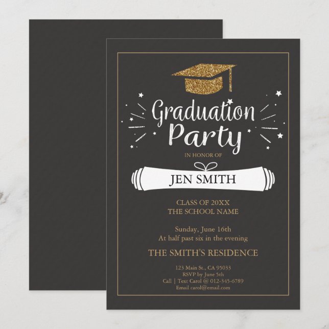Faux Gold Glitter Cap Graduation Party Invitation (Front/Back)