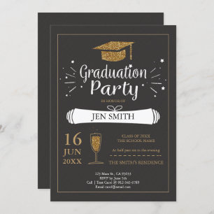 Faux Gold Glitter Cap Graduation Party Invitation