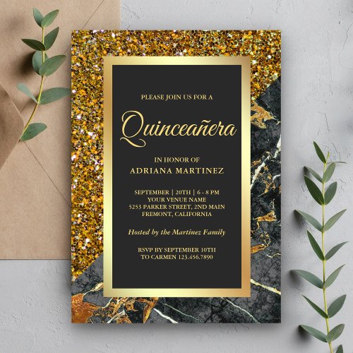 Faux Gold Glitter Charcoal Grey Marble Quinceanera Invitation