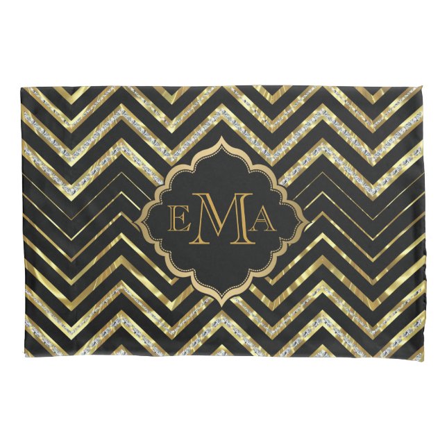 Faux Gold & Glitter Chevron Custom Black Back Pillow Case (Front)