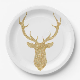 Faux Gold Glitter Christmas Deer Paper Plates