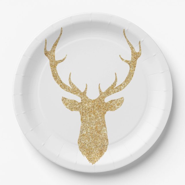 Faux Gold Glitter Christmas Deer Paper Plates (Front)