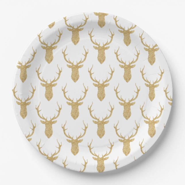 Faux Gold Glitter Christmas Deer Paper Plates (Front)
