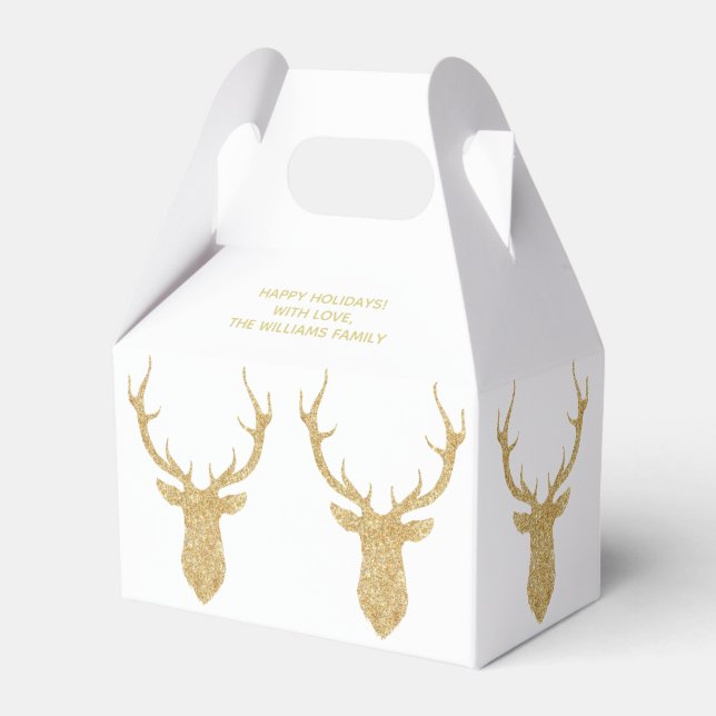 Faux Gold Glitter Christmas Deer Personalized Favor Boxes (Front Side)