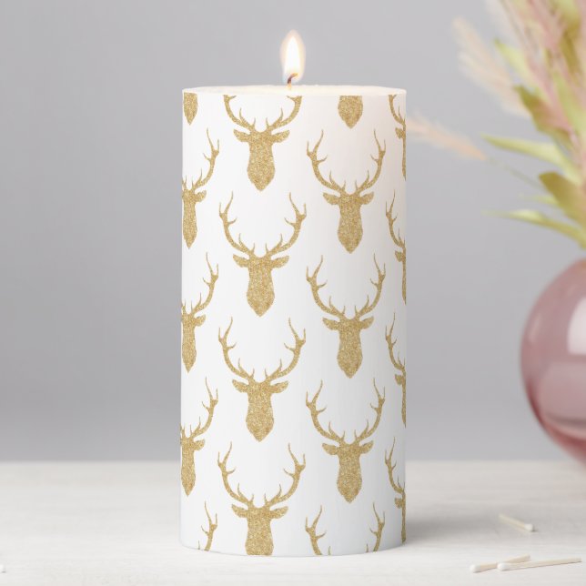 Faux Gold Glitter Christmas Deer Pillar Candle (In Situ)