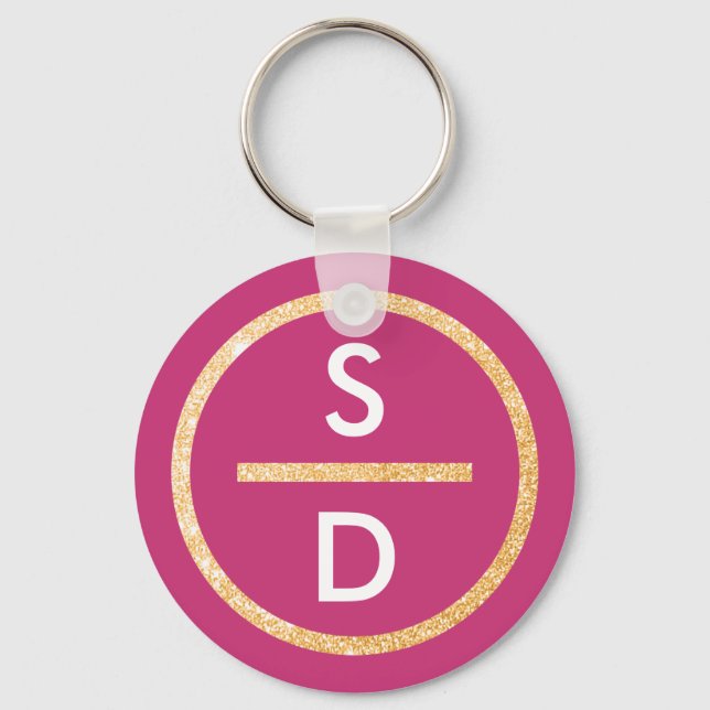 Faux Gold Glitter Circle Vertical Monogram on Pink Keychain (Front)