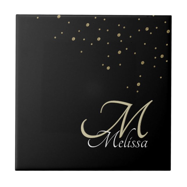 Faux Gold Glitter Confetti Name and Gold Monogram Ceramic Tile (Front)