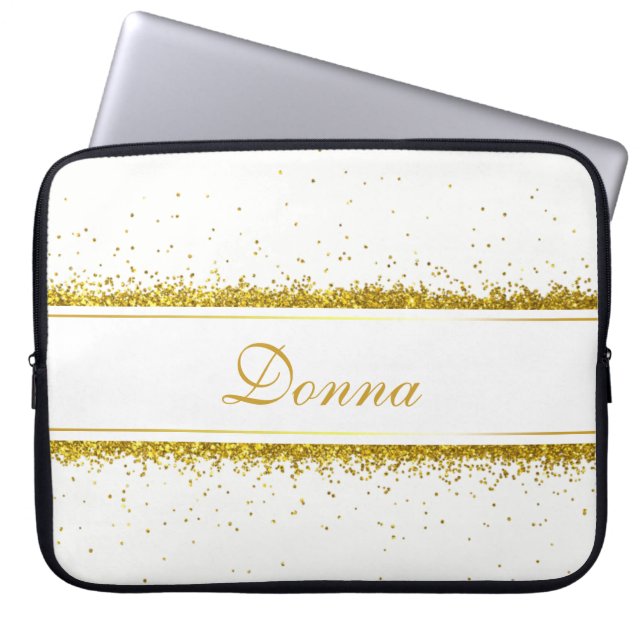 Faux Gold Glitter Confetti Name Laptop Sleeve (Front)
