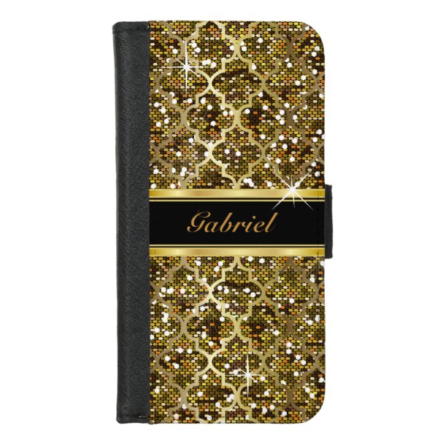 Faux Gold Glitter Confetti Quatrefoil Print iPhone Wallet Case (Front)