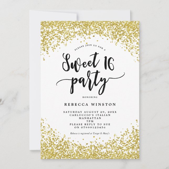 faux gold glitter confetti sweet 16 invitation (Front)