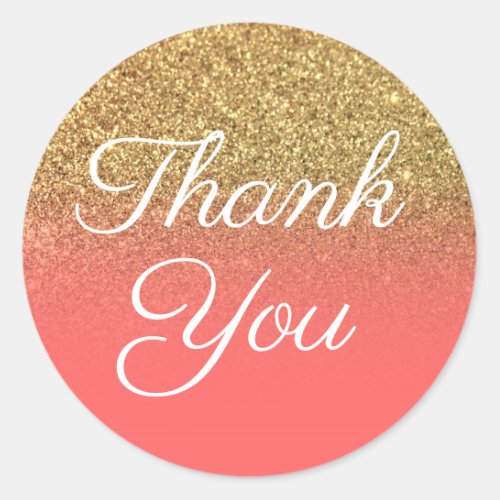 Faux Gold Glitter Coral Ombre Thank You Classic Round Sticker