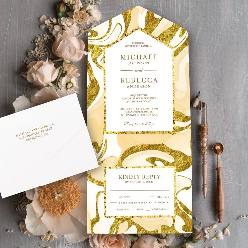 Faux Gold Glitter Cream Ivory Marble Wedding All In One Invitation