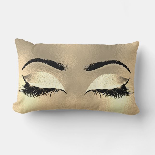 Faux Gold Glitter Crystals Glass Makeup Lashes Lumbar Pillow (Front)