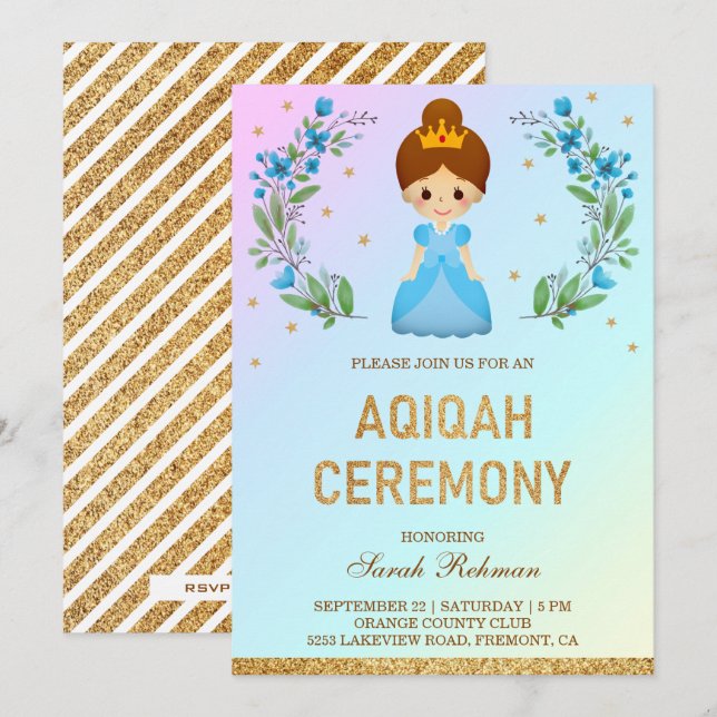 Faux Gold Glitter Cute Blue Princess Aqiqah Invitation (Front/Back)